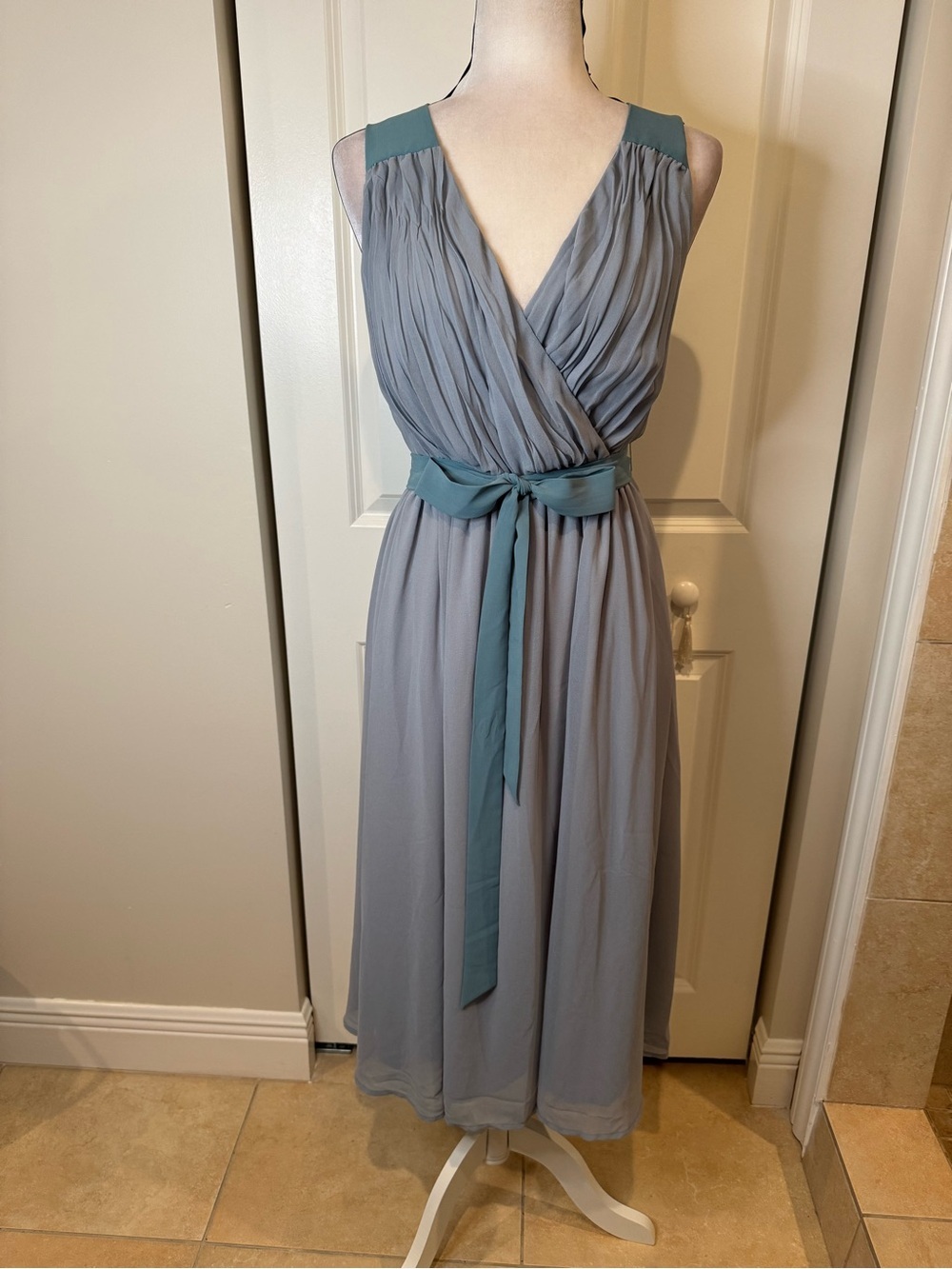 ModCloth Steel-Blue Chiffon Midi Dress with Teal Accents